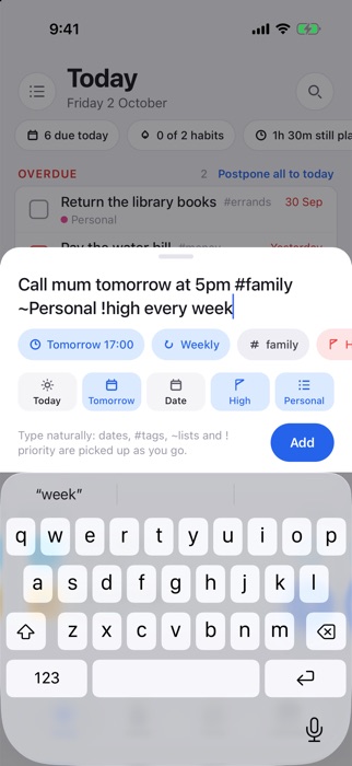 Tickbase on iPhone turning a typed sentence into a dated, tagged, repeating task