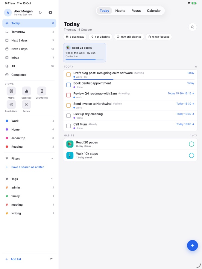 Tickbase on iPad: Today view with tasks, a reading goal and habit streaks